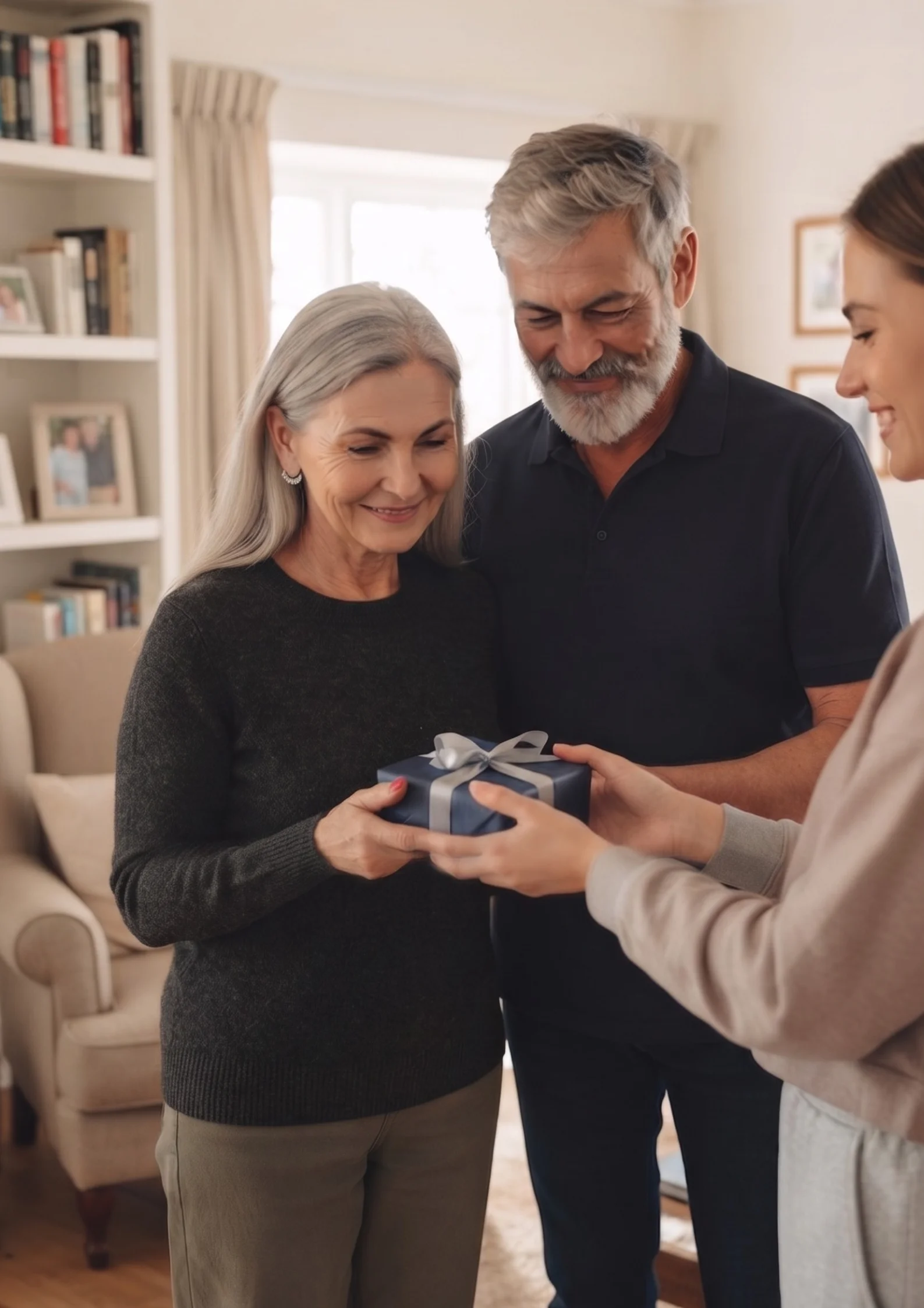 Älteres Paar bekommt ein Geschenk von Tochter